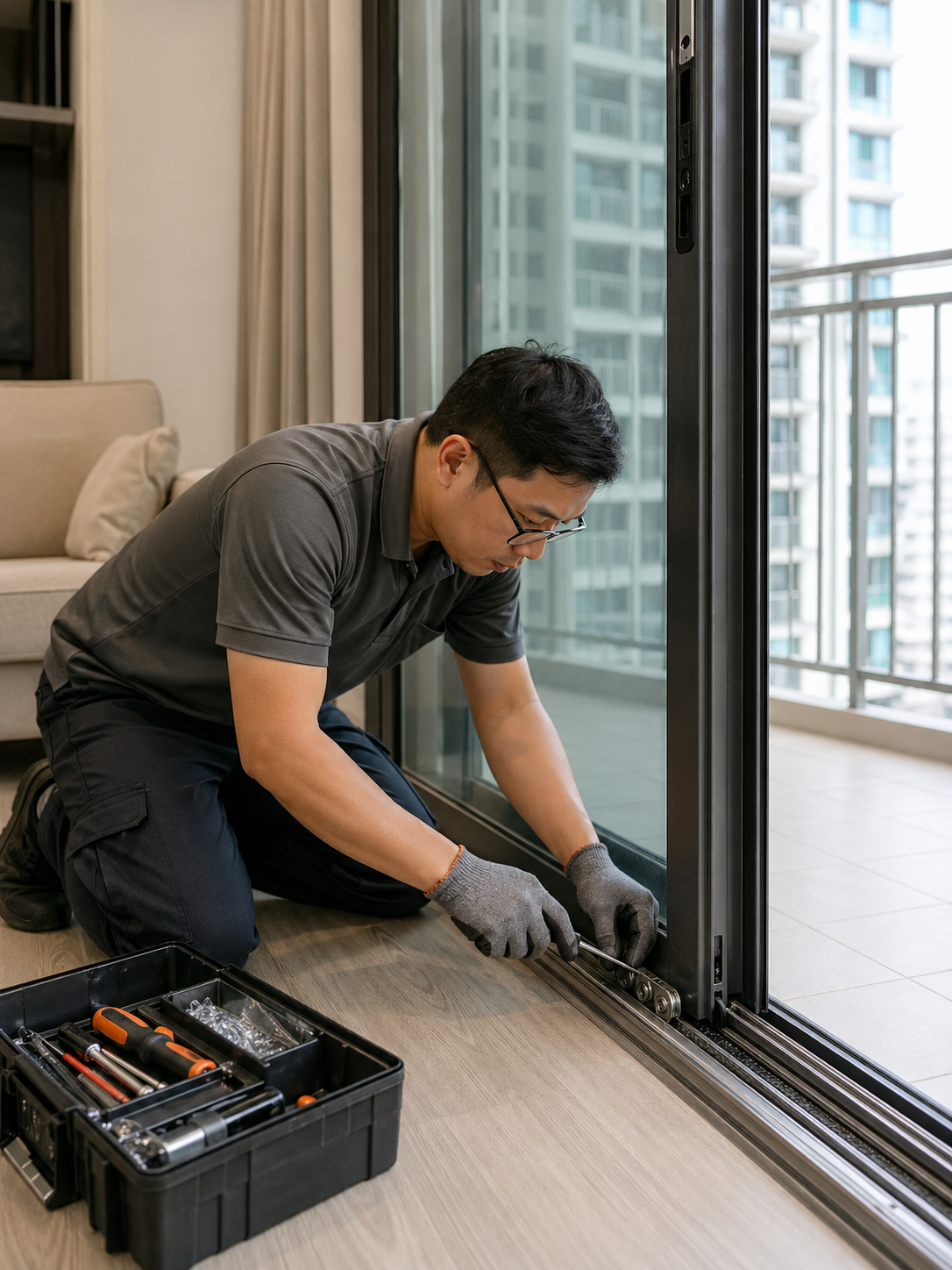 Handyman fixing sliding door track