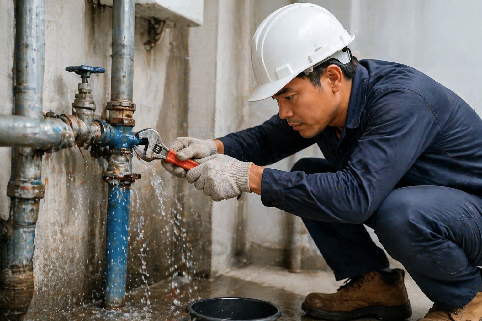Burst pipe and emergency leak repair in Singapore, showing a licensed plumber quickly fixing water damage with professional tools to restore safety and prevent further flooding.