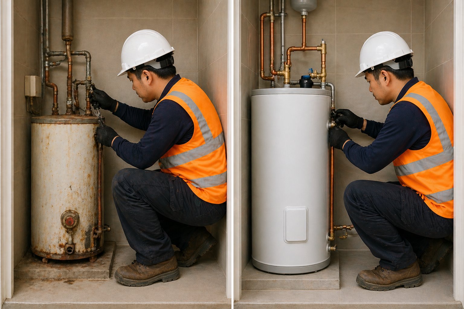 Concealed pipe repair in Singapore showing before and after work, highlighting professional plumbing service that fixes hidden leaks and restores clean, damage‑free walls and flooring.