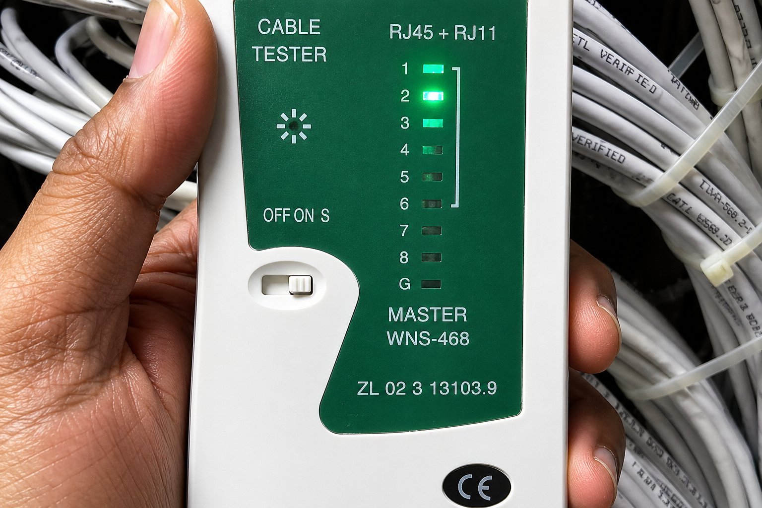 A technician performing professional data and telephone cable testing for a residential unit in Singapore.