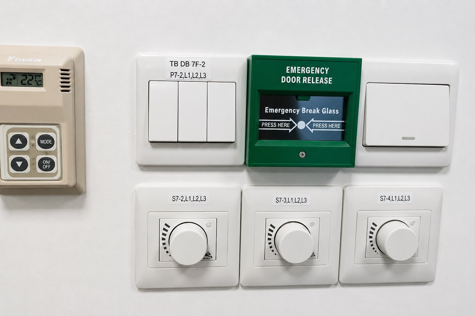 An electrician installing a modern white dimmer switch on a residential wall.