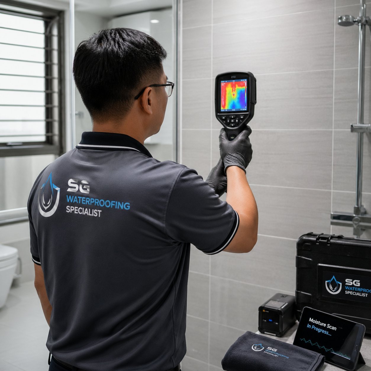 Expert waterproofing specialist using a thermal imaging camera to detect hidden leaks in a Singapore HDB bathroom.