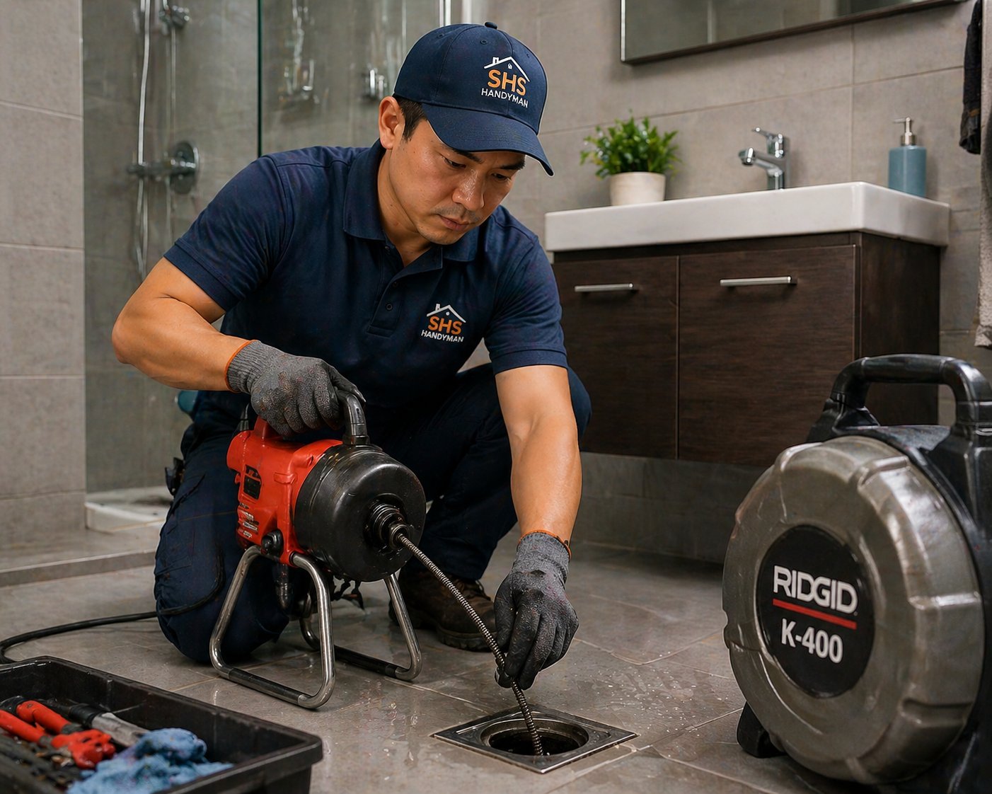 Floor trap clearing service in Singapore, showing a professional plumber unclogging and cleaning bathroom or kitchen floor traps to restore smooth drainage and prevent water backup