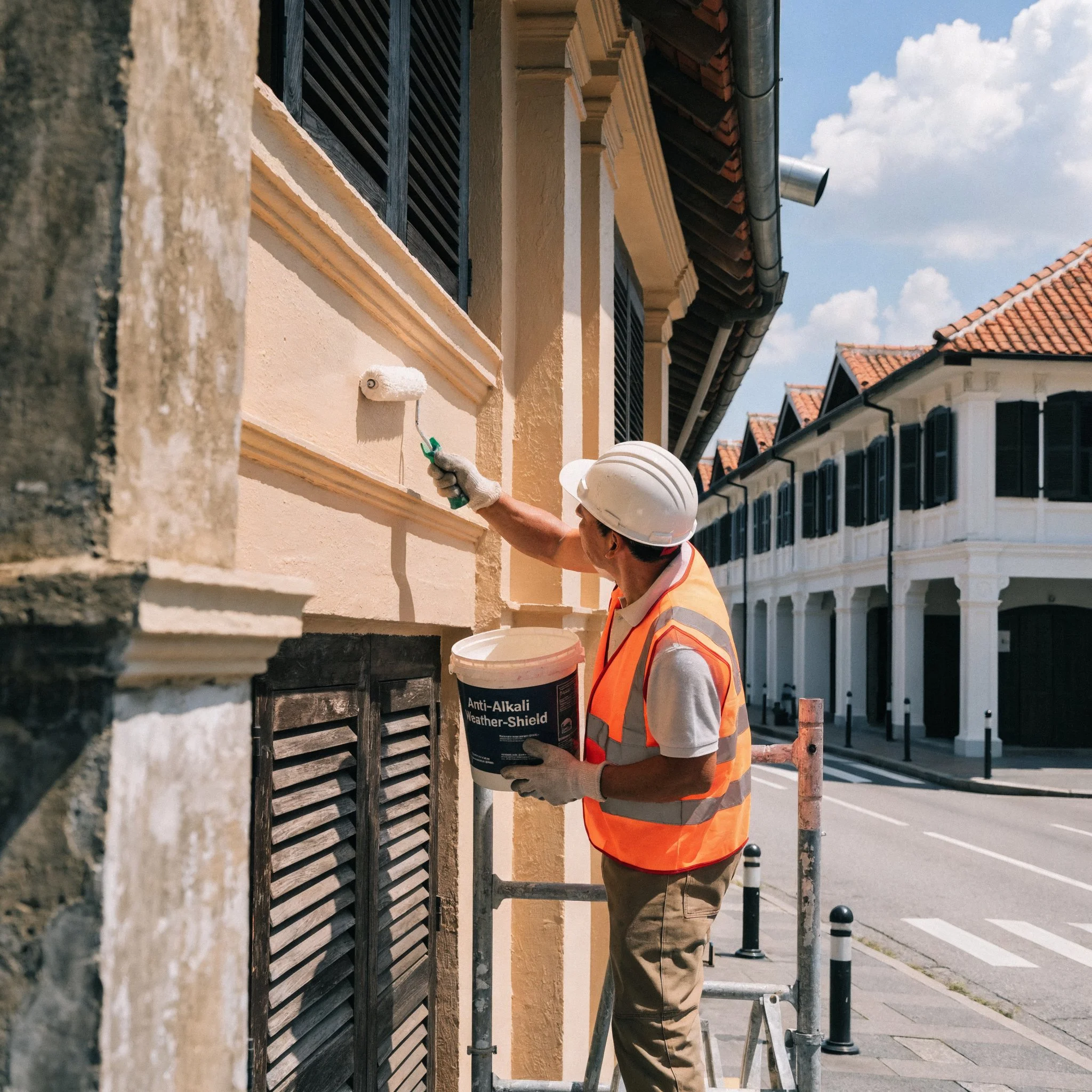 Skilled craftsmen in Singapore restoring the exterior of a heritage terrace house, applying protective coatings and careful detailing to preserve historic architecture while ensuring long‑lasting durability.