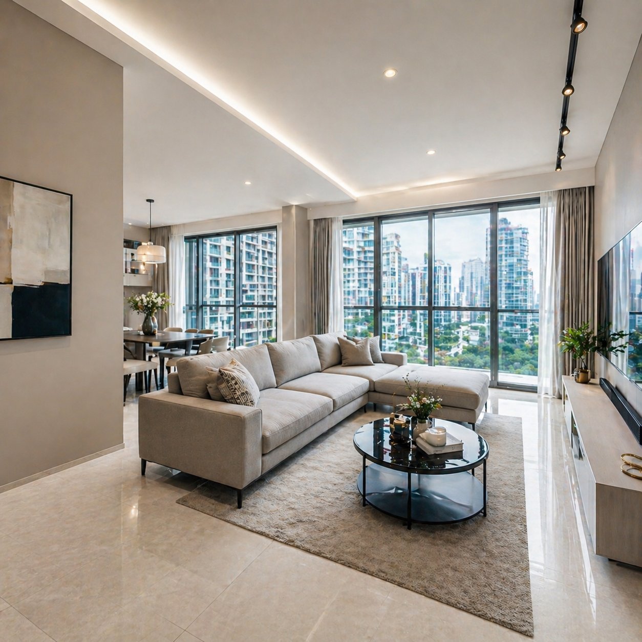 Spacious living room featuring a flawless silk-finish wall paint in a luxury Orchard condo.