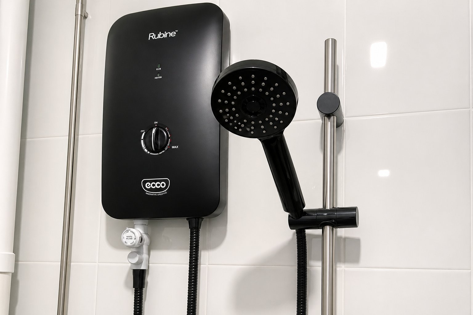 Close-up of a modern electric shower unit installed in a contemporary Singapore bathroom.