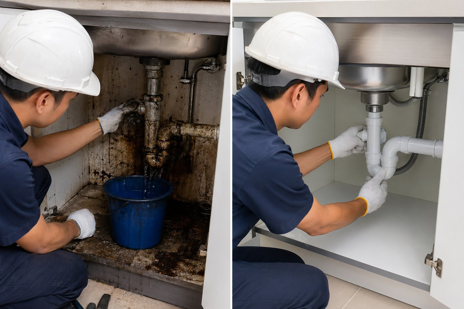 Pantry sink and drainage overhaul service in Singapore, showing a professional plumber replacing old pipes, unclogging drains, and installing upgraded fittings to restore smooth water flow and hygiene in office or home pantries.