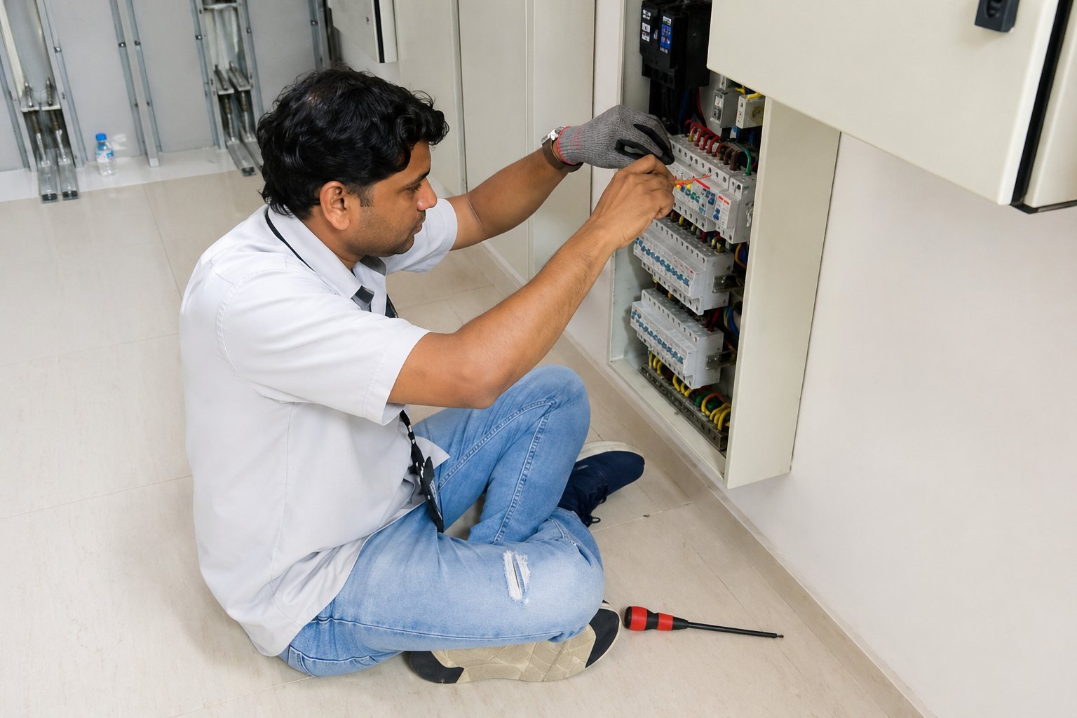 Professional electrician diagnosing a power tripping issue at a residential DB box in Singapore.