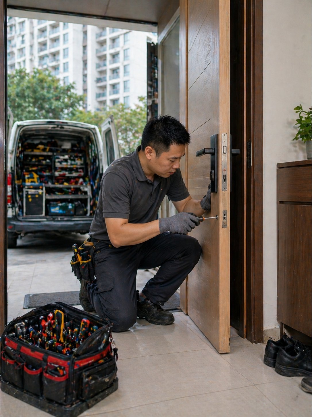 Expert handyman repairing a wooden door frame for a residential home in Singapore.